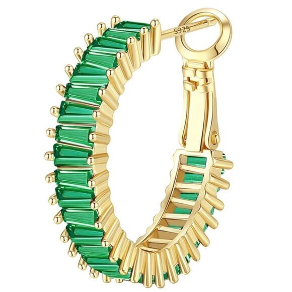 14K Yellow Gold with Emerald Green Cubic Zirconia Drop Hoop Leverback Earrings - Picture 2 of 7